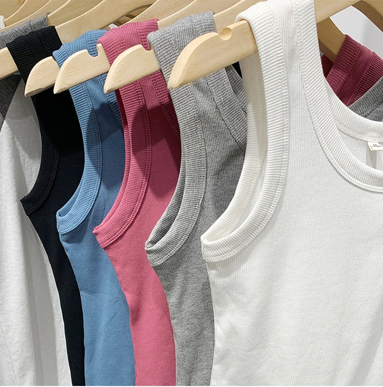 2025 Summer Women Sleeveless Tank Tops Fashion Crop Top O-neck Fitness Knitted Ribbed Vest Female Solid Camis Cropped Streetwear