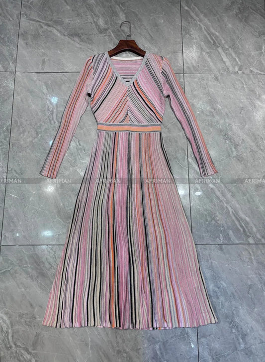 Women V Neck Long Sleeve Bright Silk Color Mosaic Stripe Waist Temperament Long Knitted Dress Badiee Stylez