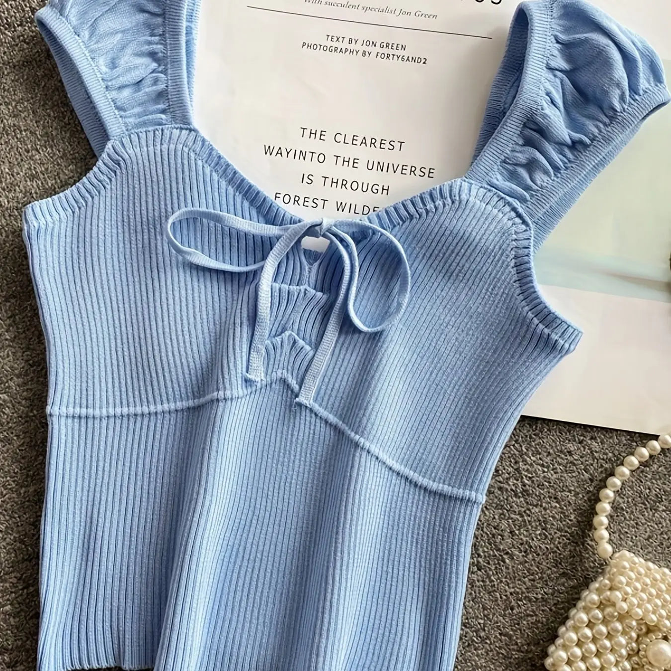 2024 Solid Color Ribbed Knotted Tank Top Casual Round Neck Tank Top For Spring & Summer Women's Clothing Knit Crop Top Blue One Size