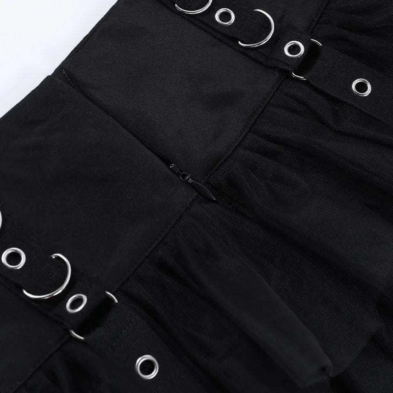 Y2K Street Dark Devil Cloth Strip Pleated Skirt Metallic Buckling Lace Layer Cake Short Skirt Women‘s High-end Design Sex Skirt