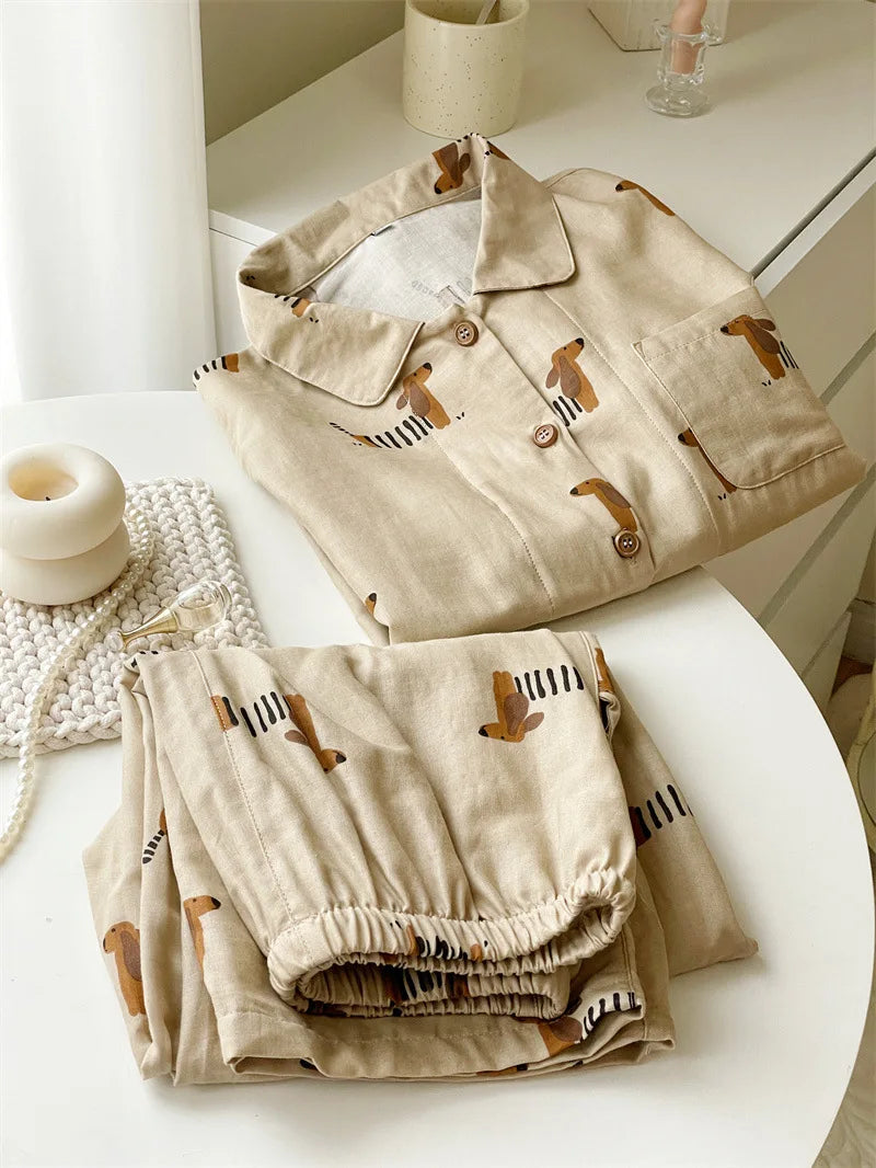 Spring Autumn 100% Cotton Women's Pajamas Cute Dachshund Print Two Pieces Set Long Sleeve Tops Full Length Pants Sleepwear 49910