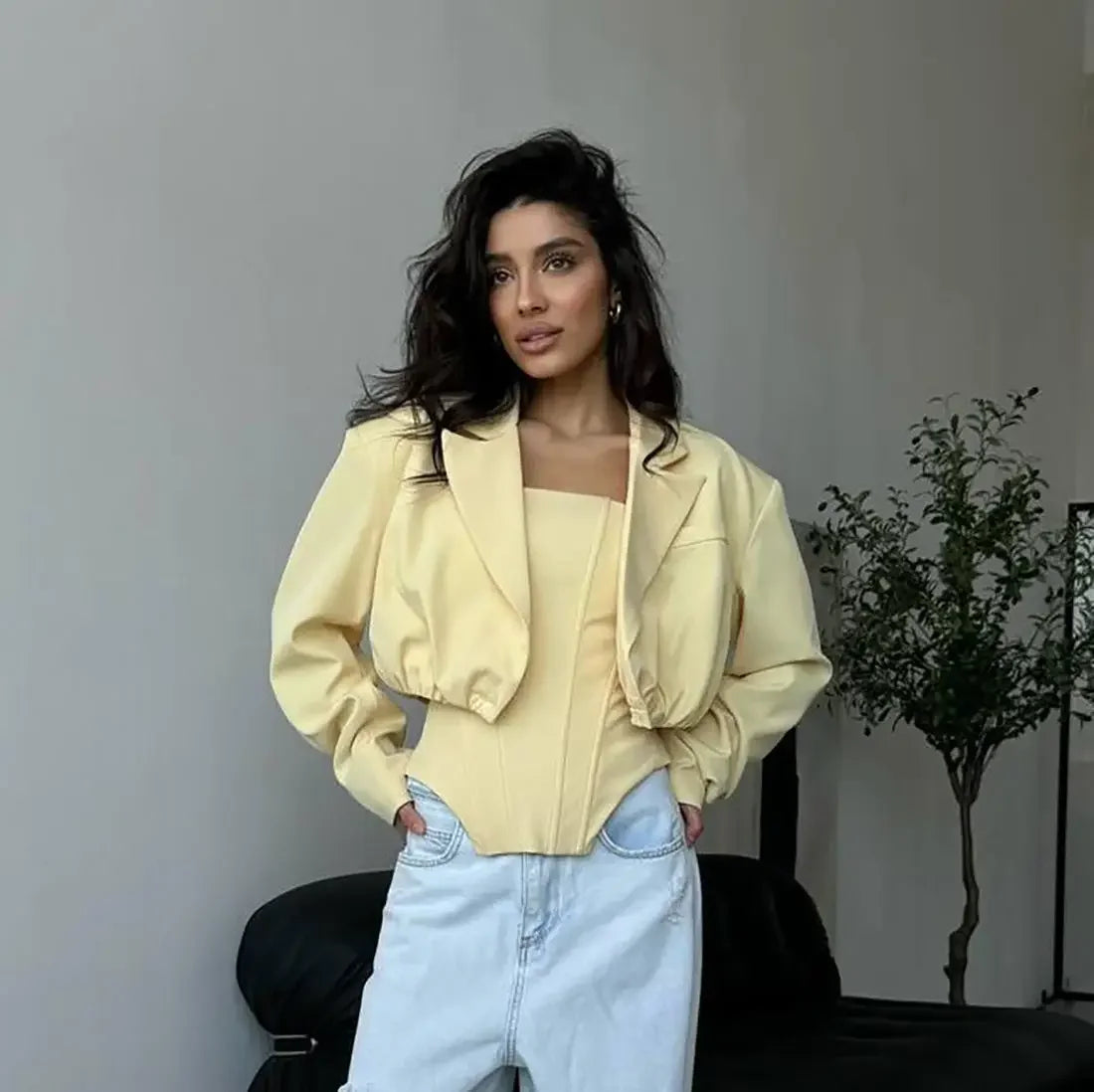 Two Piece Set Fishbone Strapless Vest Top Suit Short Jacket Solid Color Slim Fit Fashion Women Tank Blouse Waist Cinched Coat Yellow 2PCS Set