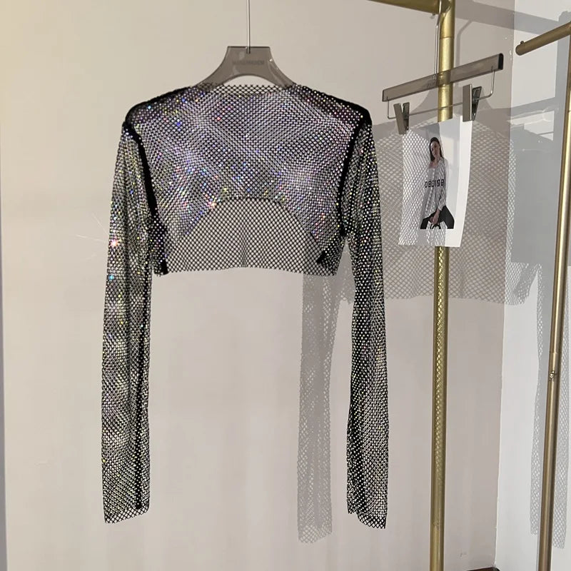 2023 new sexy bright diamond short top Slim thin Ms. hot drill long-sleeved T-shirt sexy leak waist nightclub AB-Black One Size