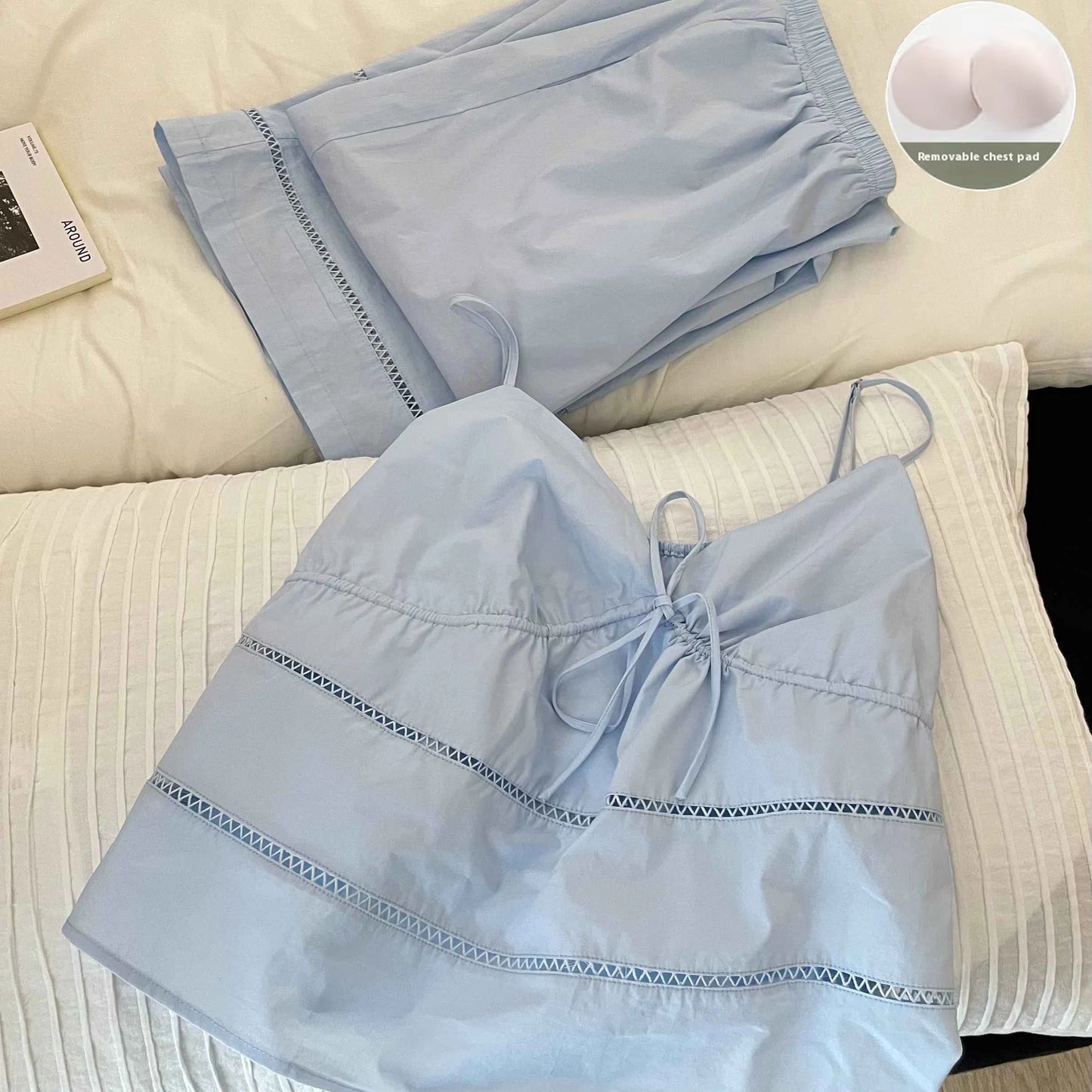 Women's Sexy Pajamas Set V-Neck Strap Suit Elegant Minimalist Faux Cotton Bow Sleeveless Top Long Pants Sleepwear Bra Pads Blue Only