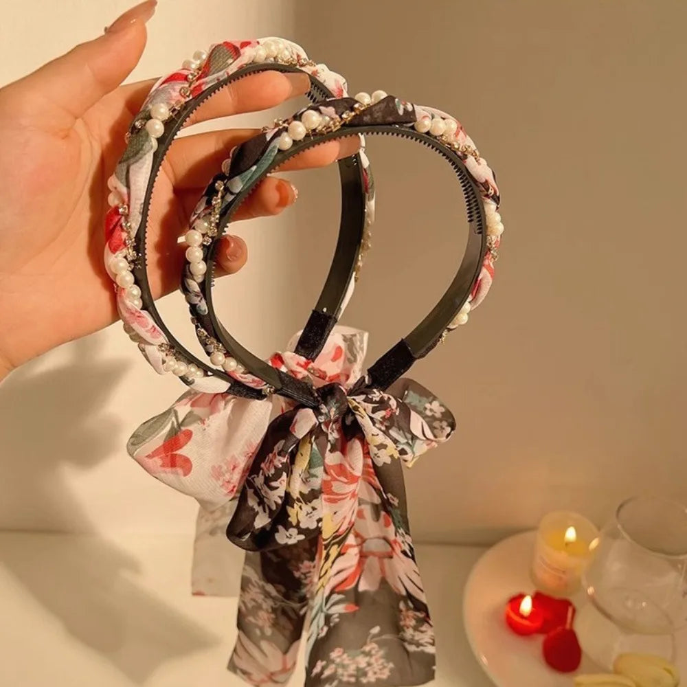 Retro Silk Scarf Headband Floral Print Pearl Braided Hairband Adjustable Bow Non Slip Ribbon Hairband for Women Girls Kid