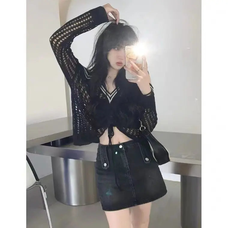 Off Shoulder Hollow Out Shirts Blouses Elegant and Youth Woman Blouse Drawstring Knitted V Neck Tops Vintage Y2k 2022 Fashion black