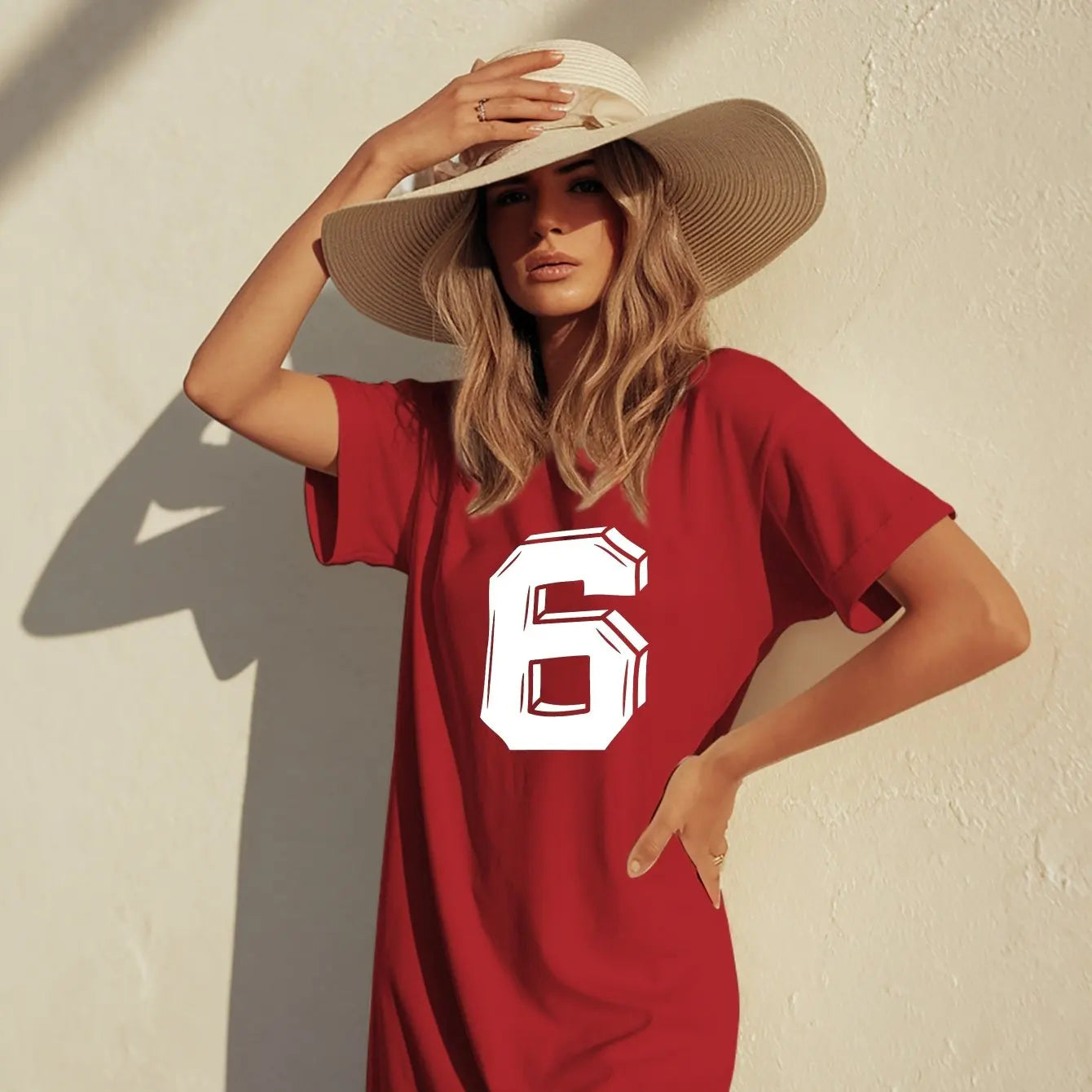 Plus Size Lucky Number 6 Women's Vibrant T-Shirt Dress with Bold White '6' Printed Casual Round Neck Short Sleeve Summer Dress CDXQ-57