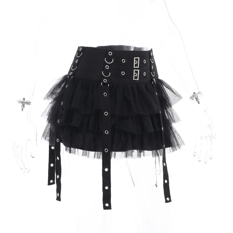 Y2K Street Dark Devil Cloth Strip Pleated Skirt Metallic Buckling Lace Layer Cake Short Skirt Women‘s High-end Design Sex Skirt
