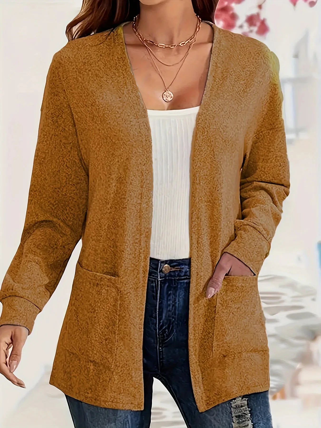Autumn chic casual solid color pocket thin plus size women's jacket cardigan Brown
