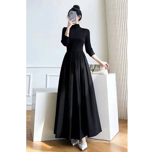 Lucyever French Style Black A-Line Dresses Women Elegant High Waist Long Sleeve Midi Dress Autumn Winter Slim Fit Maxi Dress Badiee Stylez