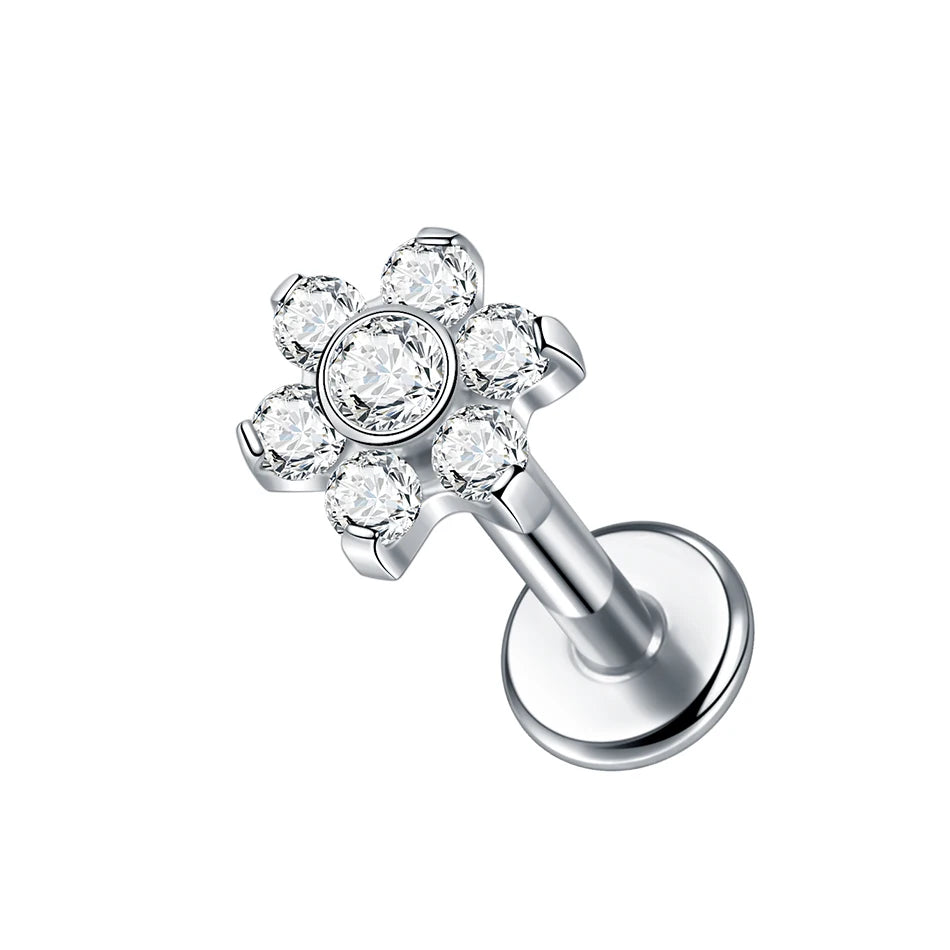 1PC Titanium Zircon Star Flower Labret Piercing for Women Cartilage Tragus Daith Helix Stud Earring Body Jewelry TC092-1 1.2x8mm