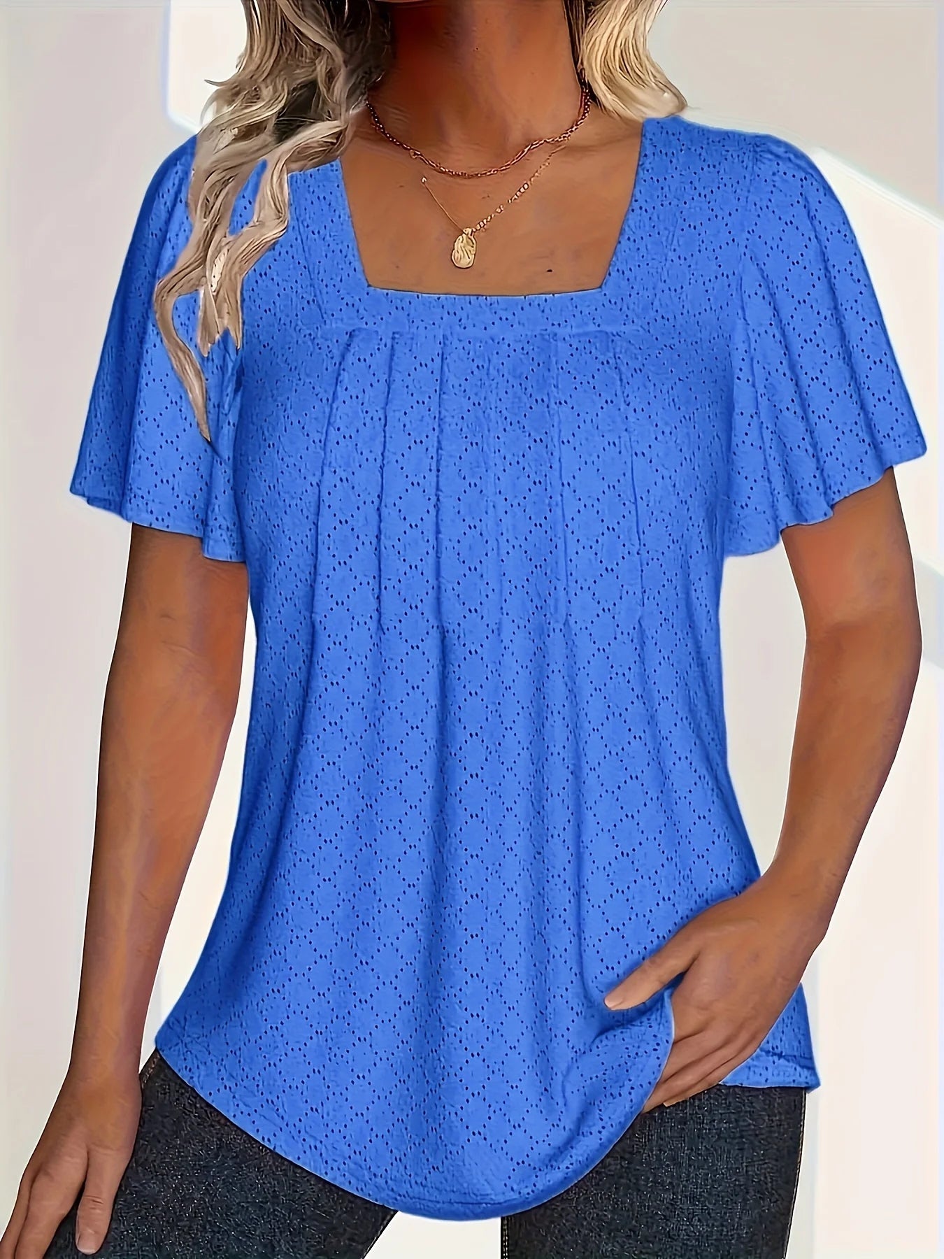 Plus size spring and summer fashionable and elegant hollow tops for women office wear loose ruffle sleeves versatile tops for blue