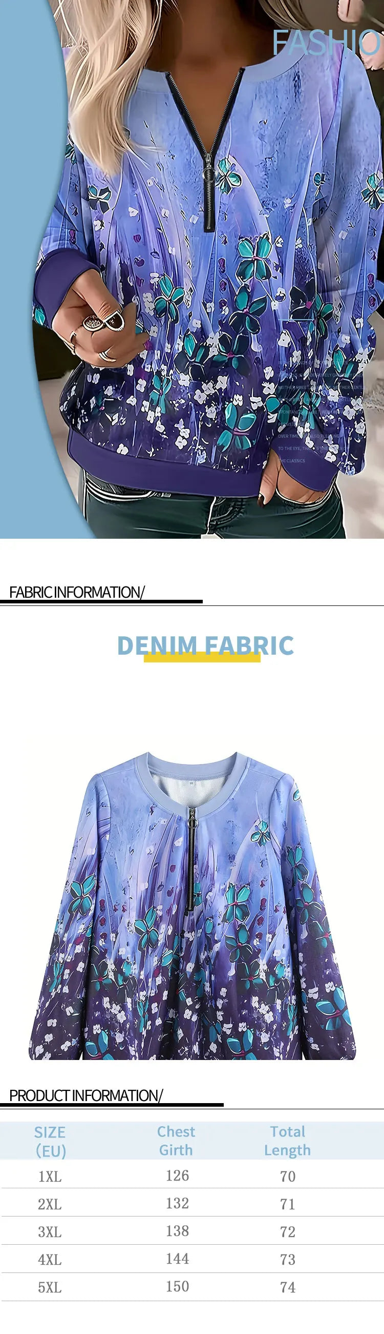 Plus Size Womens Woven Sweatshirt Purple Floral Print Fashion Style Zipper Neck Long Sleeve Top Loose Casual Wear For Spring Aut