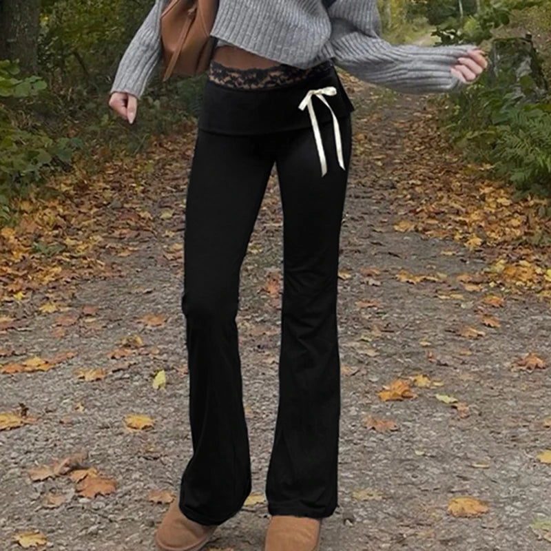 Cuteandpsycho Lace Patchwork Bow Straight Pants Y2K Fashion Aesthetic Cute Trousers Harajuku Streetwear Joggers 2000s Bottoms