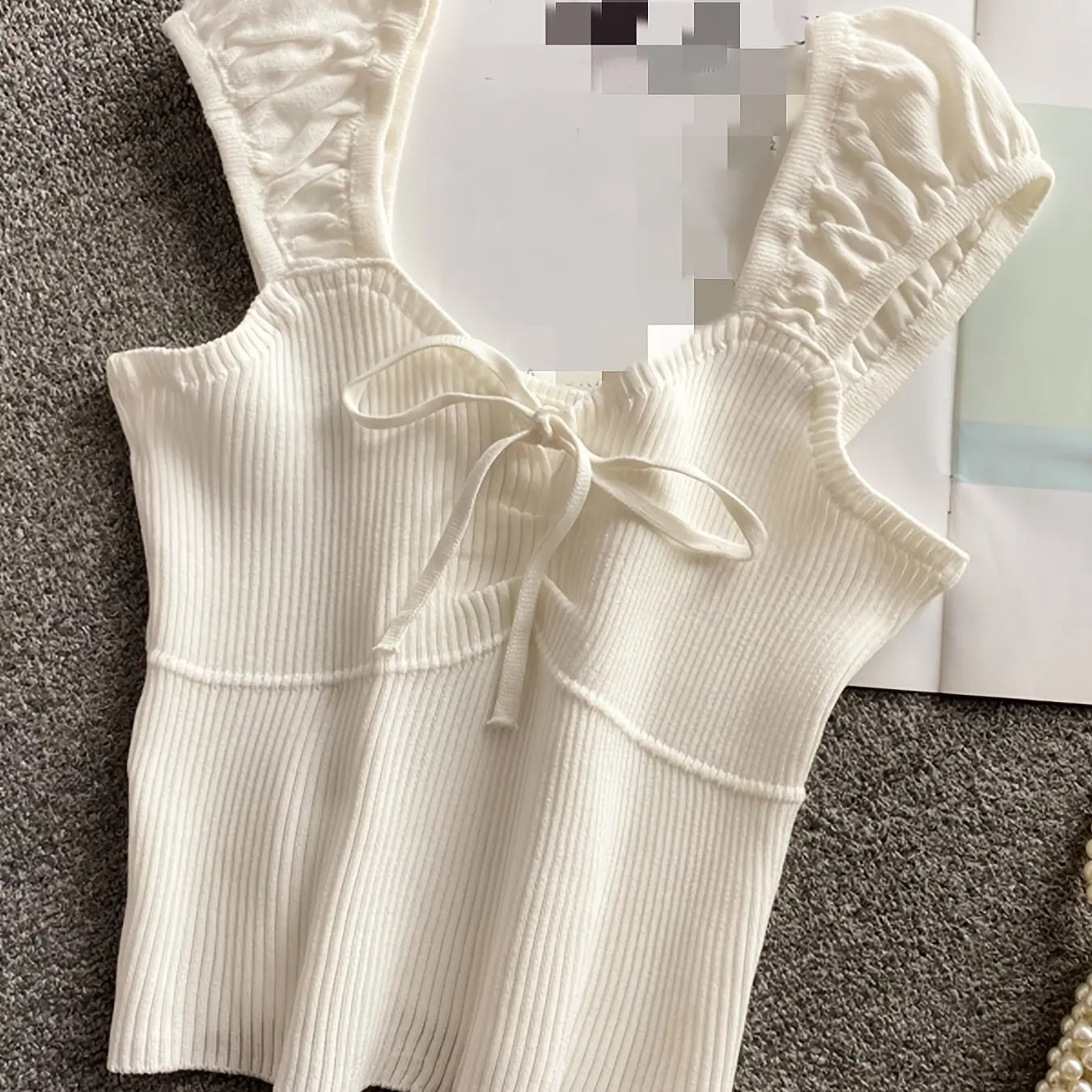 2024 Solid Color Ribbed Knotted Tank Top Casual Round Neck Tank Top For Spring & Summer Women's Clothing Knit Crop Top White One Size