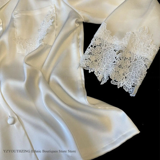 Female Pajamas Set White Satin Lace Trim Bride Wedding Sleepwear Gift Homewear Sexy Loose Long Sleeve Trouser Suit Loungewear