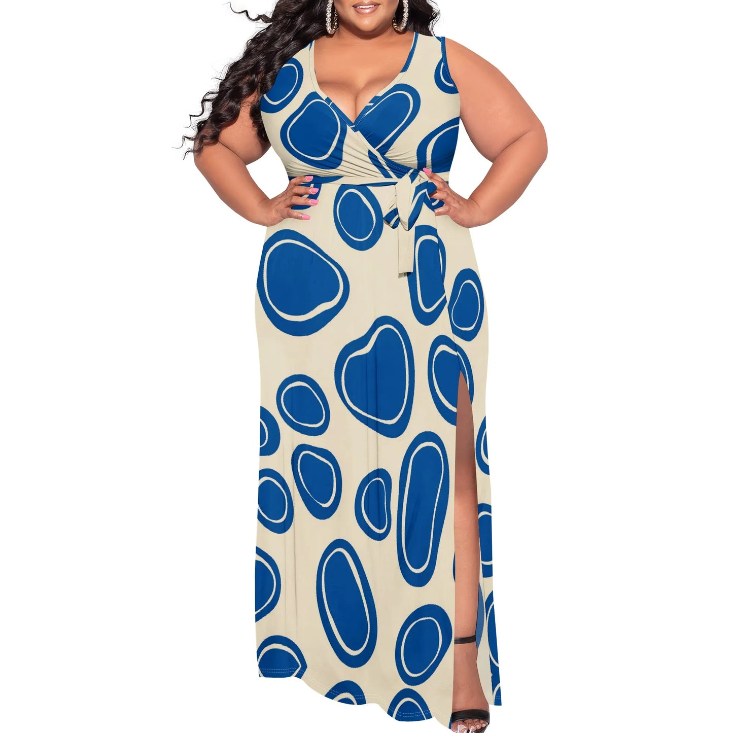 Plus Size Leopard Print Maxi Dress XL-6XL V-Neck Wrap Split Hem Sleeveless for Nightclub, Vacation or Streetwear Look Pattern-1 CHINA