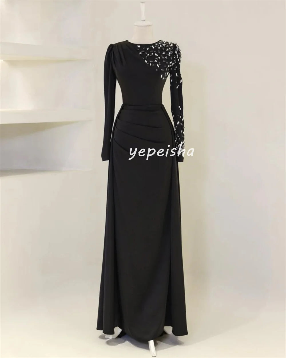 Customized Intricate Unisex Jersey Beading Sequined Draped Straight High Collar Long Dresses Bespoke Occasion Dresses Exquisite Badiee Stylez