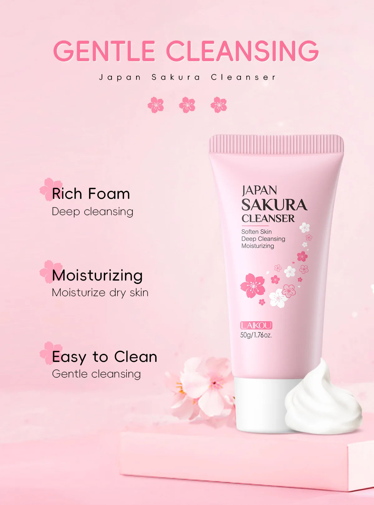 LAIKOU Sakura Cleanser Gentle Deep Cleaning Oil Control Moisturizing Shrink Pores Face Skin Care 50g Skin Cleanser All Skin Type