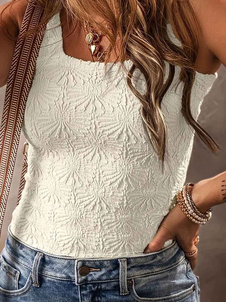 Women Plus Size Floral Print Tank Top Elegant Square Neck Summer Sleeveless Top Machine Washable Non See Through Fabric for Ivory