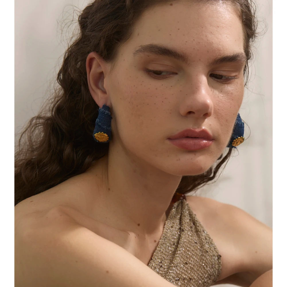 Yhpup Creative Blue Denim Flower C Shape Hoop Earrings Women Stainless Steel Popular Jewelry Autumn & Winter New 2025 Wholesale