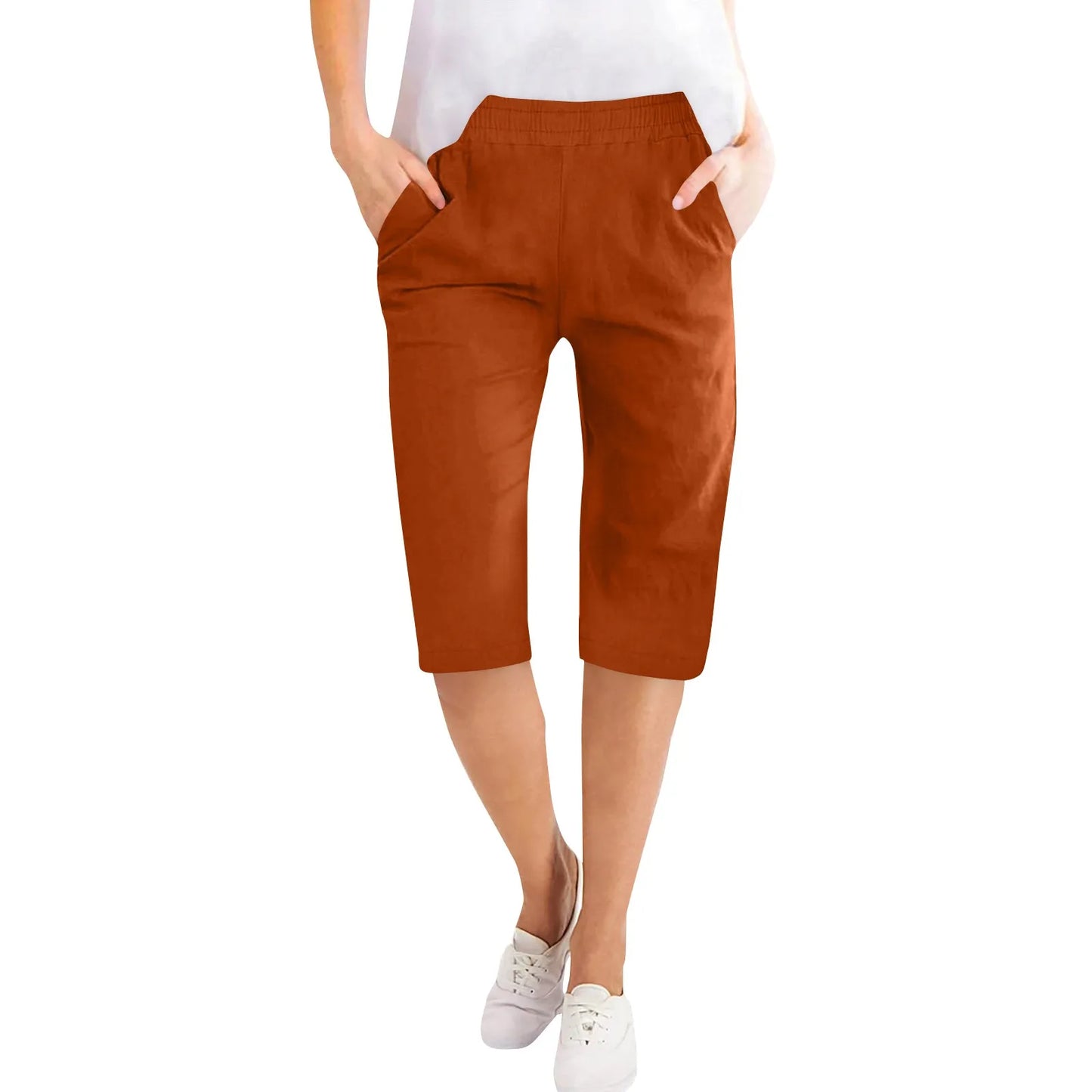 Womens Capris Cotton Linen Pants Drawstring Elastic Waist Pants Casual Cropped Trousers Daily Breeches Five Half Pants Pantalone Wine