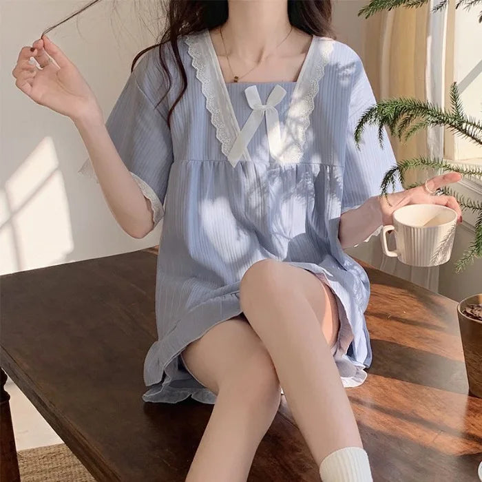 Palace Style Pajamas Ladies Summer Loungewear Set Short-Sleeved with Cushion Korean Small Sweet Girlfriends Loungewear Set Blue