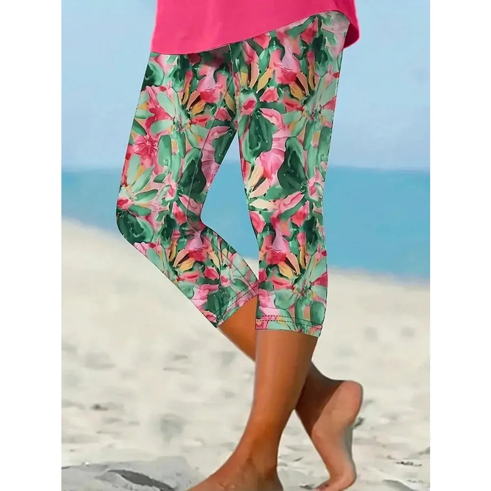 Plus Size Fashion Women's Cropped Printed trendy trousers Women's Tight Pants Seven-point Leggings green