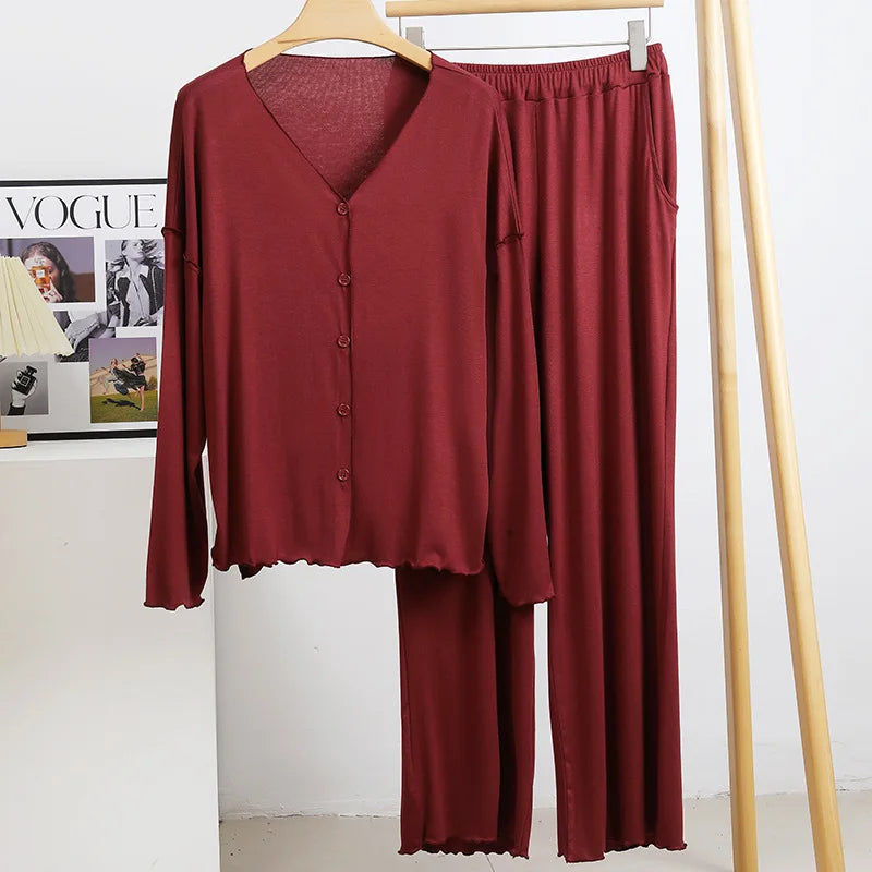 Japanese new style cotton pajamas suit ladies spring and autumn cardigan solid color long-sleeved trousers home service suit Pink One Size