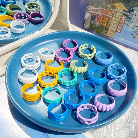 2022 Summer Colorful Ring Set Wholesale Fashion Geometric Chain Candy Color Irregular Opening Rings Women Party Finger Jewelry