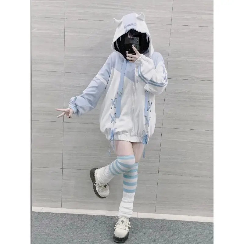Girls Stitch Woman Clothing Subculture Japanese Hoodie Blue White Autumn Woman Sweatshirts Zipper Winter y2k Clothes Hoodies thin