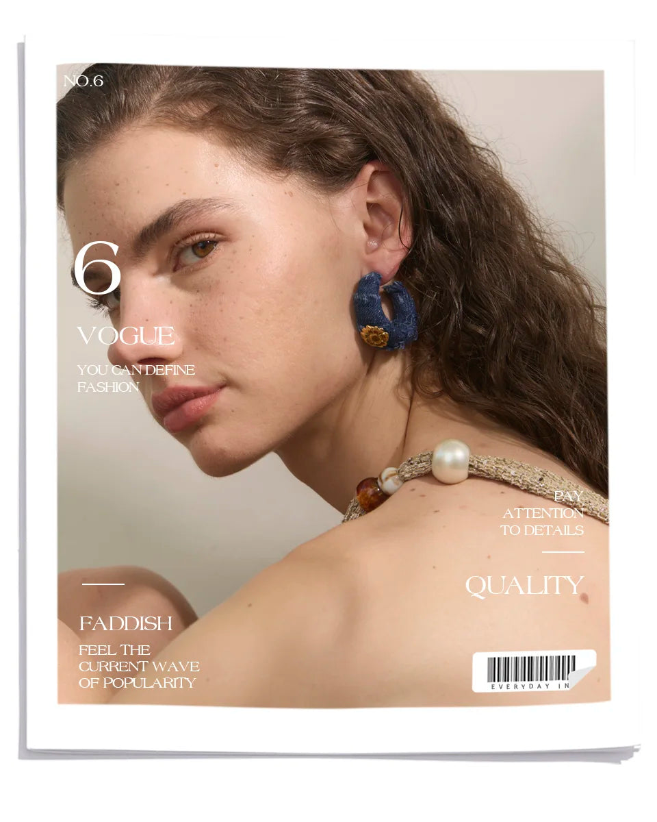Yhpup Creative Blue Denim Flower C Shape Hoop Earrings Women Stainless Steel Popular Jewelry Autumn & Winter New 2025 Wholesale
