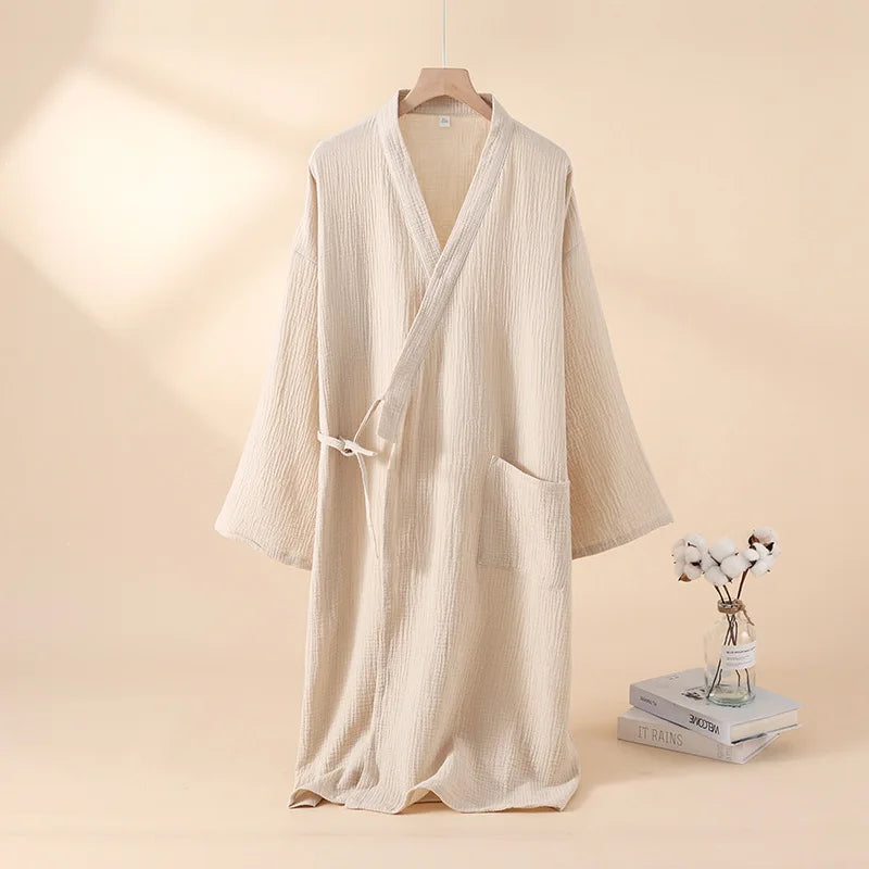 2025 Japanese New Spring/Summer Couple Kimono Robe 100% Cotton Crepe Cloth Men's and Women's Bathrobe Thin Home Sleeping Robe 02 (Women)