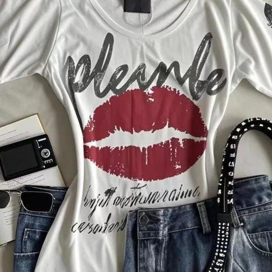 American Retro Sweetheart Red Lips Letter Print Slim Short-sleeved T-shirt Women Summer Fashion Street Hot Sexy Casual Top