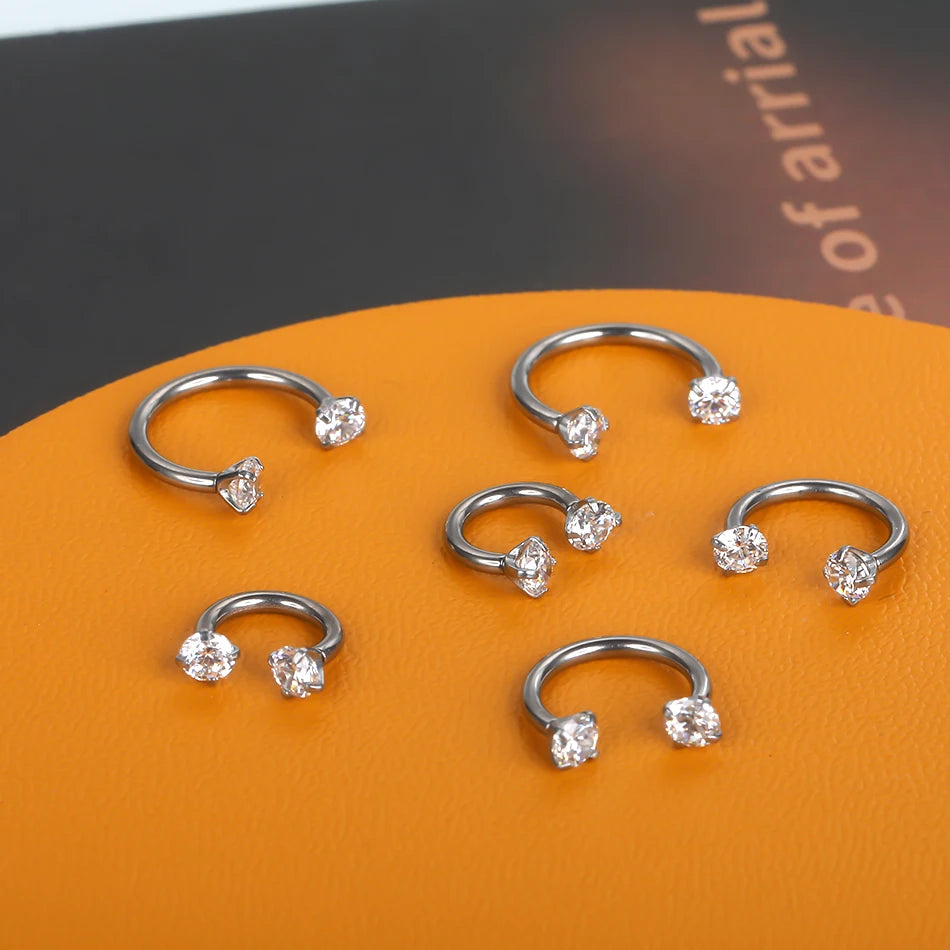 1PC Titanium Nose Horseshoe Ring Nose Septum Piercing Prong Set Round Zircon Ear Cartilage Tragus Daith Body Piercing Jewelry
