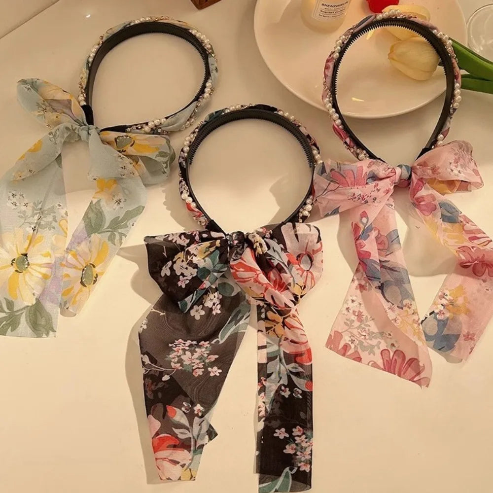 Retro Silk Scarf Headband Floral Print Pearl Braided Hairband Adjustable Bow Non Slip Ribbon Hairband for Women Girls Kid