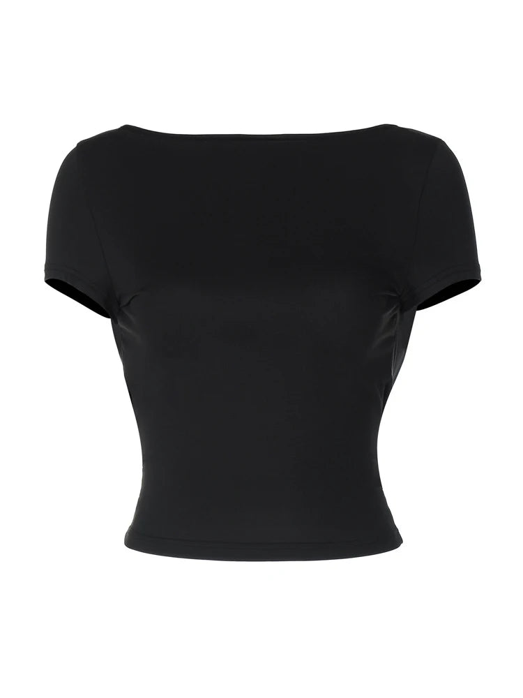 O Neck Short Sleeve Backless Ruched Crop Top Women'S Tshirt Y2K Streetwear Summer Spring Dropshipping Casual Clothing