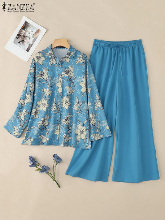ZANZEA Autumn Vintage Pant Sets Women Fashion 2 Piece Outfits 2025 Elegant Long Sleeve Print Tops and Elastic Waist Pants 2pcs Badiee Stylez