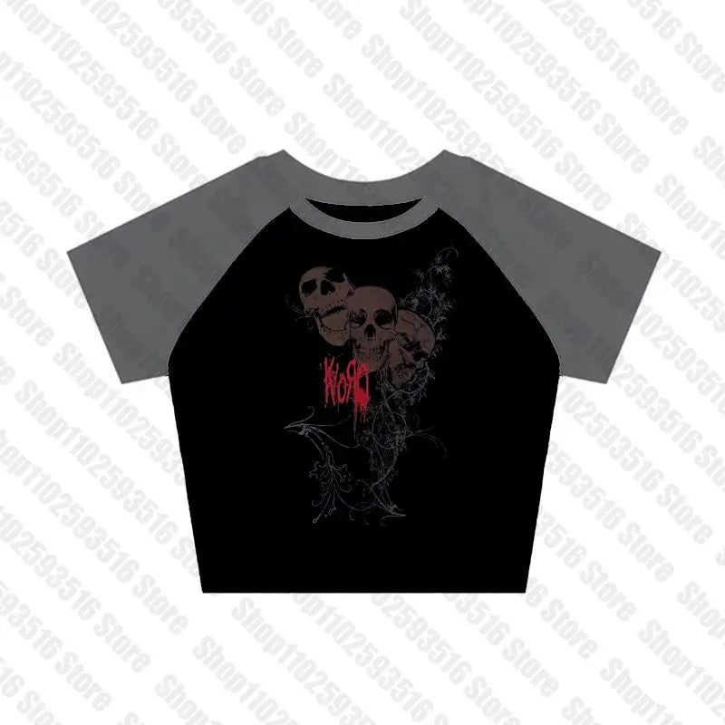 Aesthetic 2023 Goth Crop Top y2k Women Harajuku O Neck Short Sleeve Sweat Shirt Graphic Pattern Fairy Grunge Clothing crop tops Black6