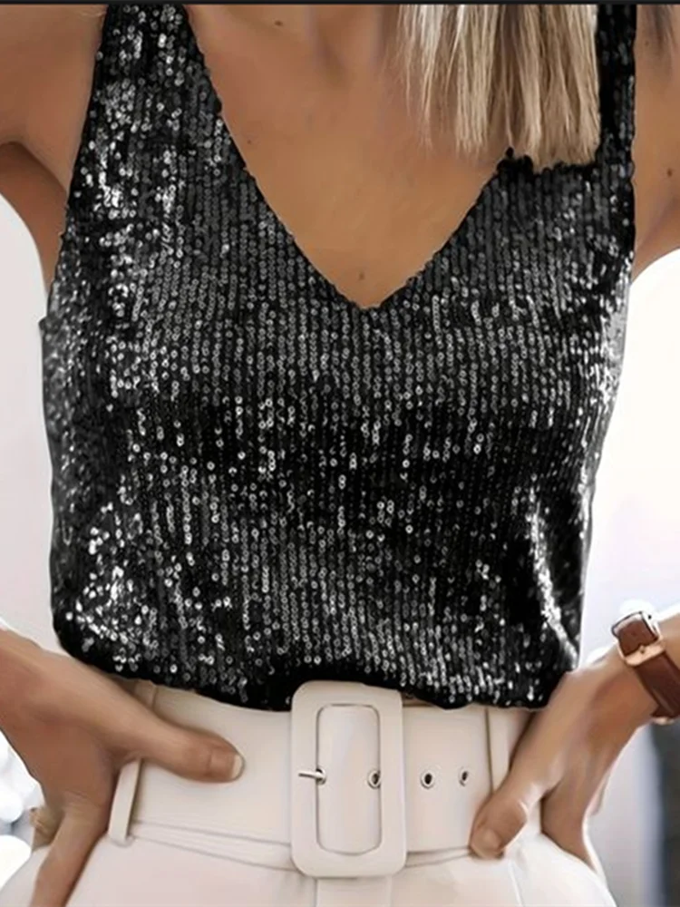 Amazon Quicktrade foreign trade explosion models Europe and the United States sexy ladies sequins summer light mature sexy V-nec black