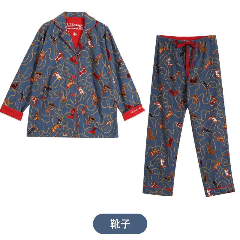 Women's Winter Pyjama Suit Print Long Sleeve Turn Down Collar Female Clothes 100% Cotton Single Breasted Sleepwear for Female Style 3