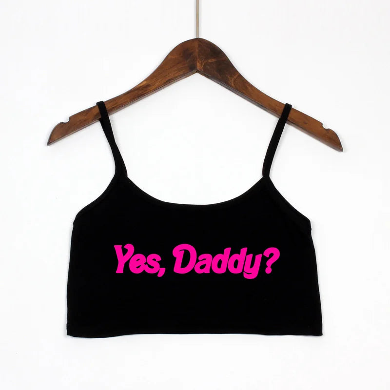 YES DADDY Pink Letters Print Summer Women's Crop Top Sexy Elastic Cotton Camis Sleeveless Short Tank Top Bar Tops Women Black