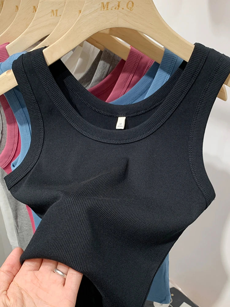 2025 Summer Women Sleeveless Tank Tops Fashion Crop Top O-neck Fitness Knitted Ribbed Vest Female Solid Camis Cropped Streetwear black