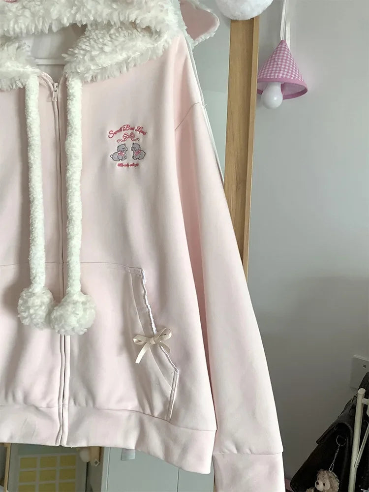 Vintage Kawaii Long Sleeve Loose Coat with Hooded Women Japanese Cute Zipper Sweatshirts Female Casual Y2k Jacket Overcoat Chic Badiee Stylez