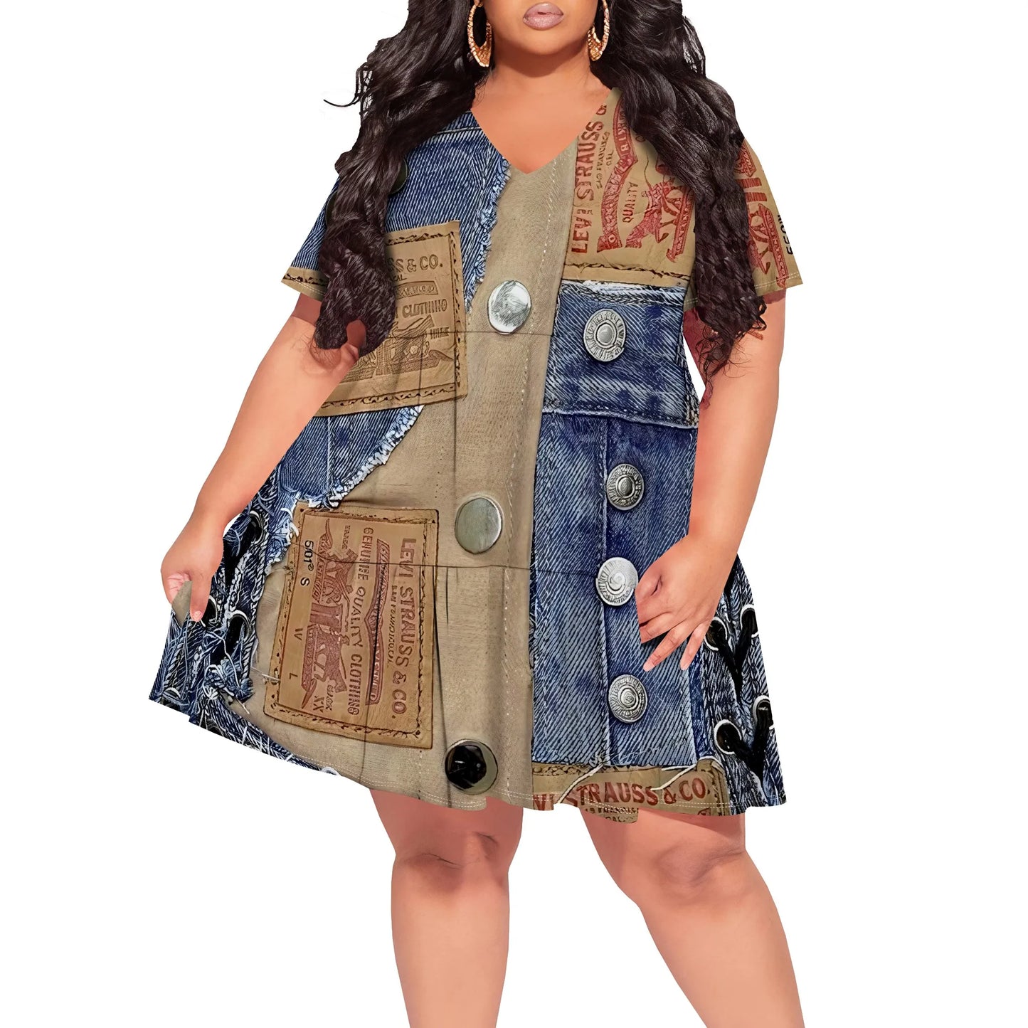 Denim Patchwork Lace-up V-neck Short Sleeve Dress - Women's Vintage Rugged Casual Party Festival Summer White-3 CHINA