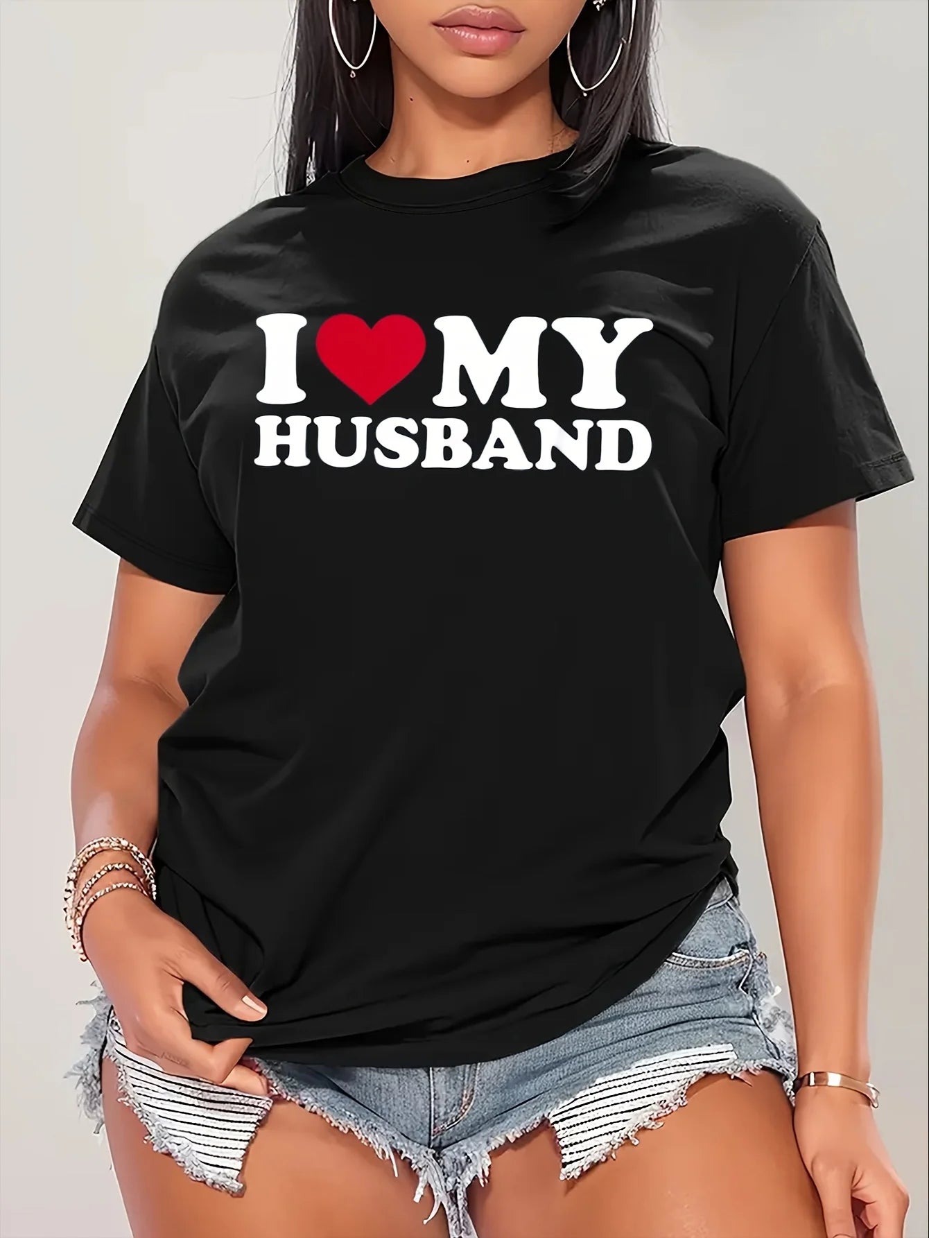 Women's Easy-Care Heart I Love My Husband Print Tee - Comfy Stretch Crew Neck Top for Chic Summer Style FQ309V Black