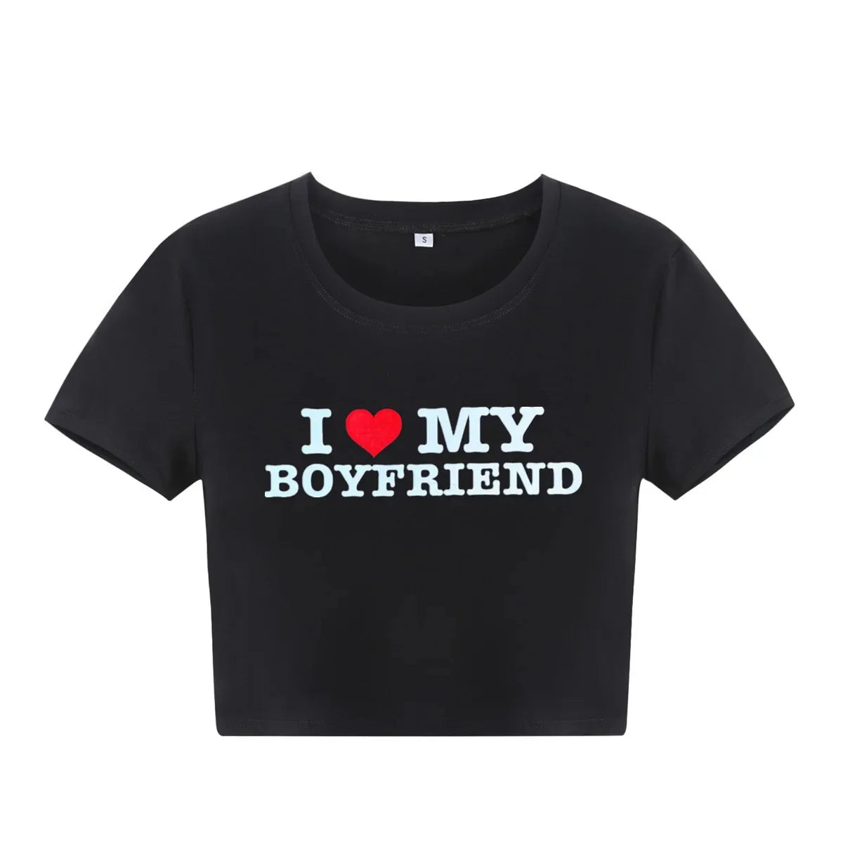 I LOVE MY BOYFRIEND Summer Fashion Girls Crop Tee Short Short Sleeve Women T-Shirt Casual Tops 90s Girls Ladies Female Luqi XY10-Black