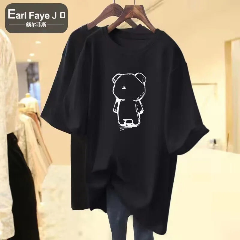 Cartoon Bear Cotton Print Summer Fashion Women's T-shirt Kawaii Casual Plus Size Short Sleeve Loose Street Sport T-shirt Top CM072002-JCS 1