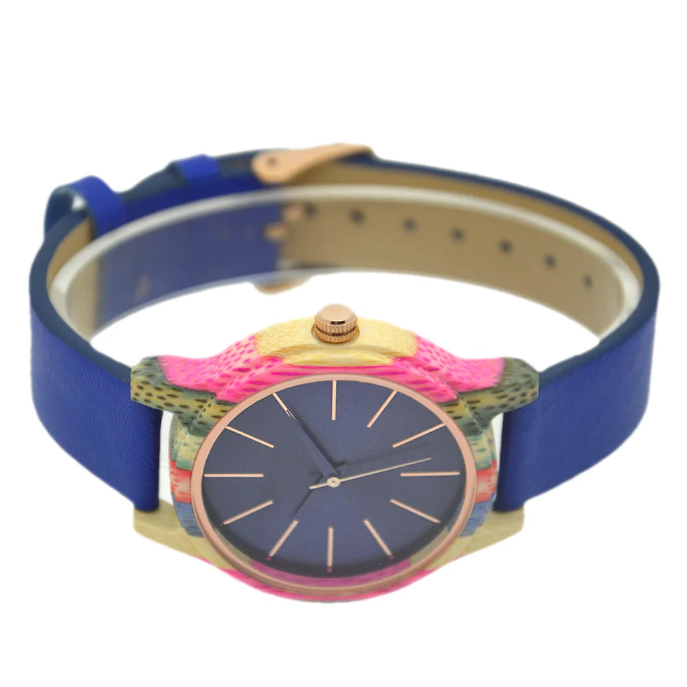 Mens Womens 40mm Big Neutral Colouful Bamboo Wooden Watch Unisex Japan Analog Quartz Leather Strap Casual Watches