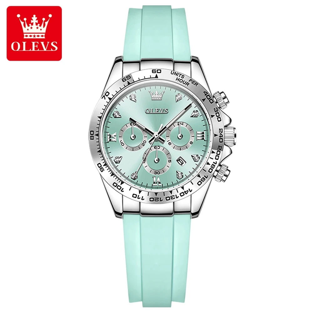 OLEVS 5618 Woman Watch Silicone Strap Luxury Brand Original Quartz Watch for Women Auto Date Waterproof Chronograph Ladies Clock Silver Cyan CHINA